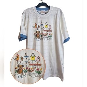 Vintage Cute Bird House Doggie Kitty Tee Large White Multicolor New